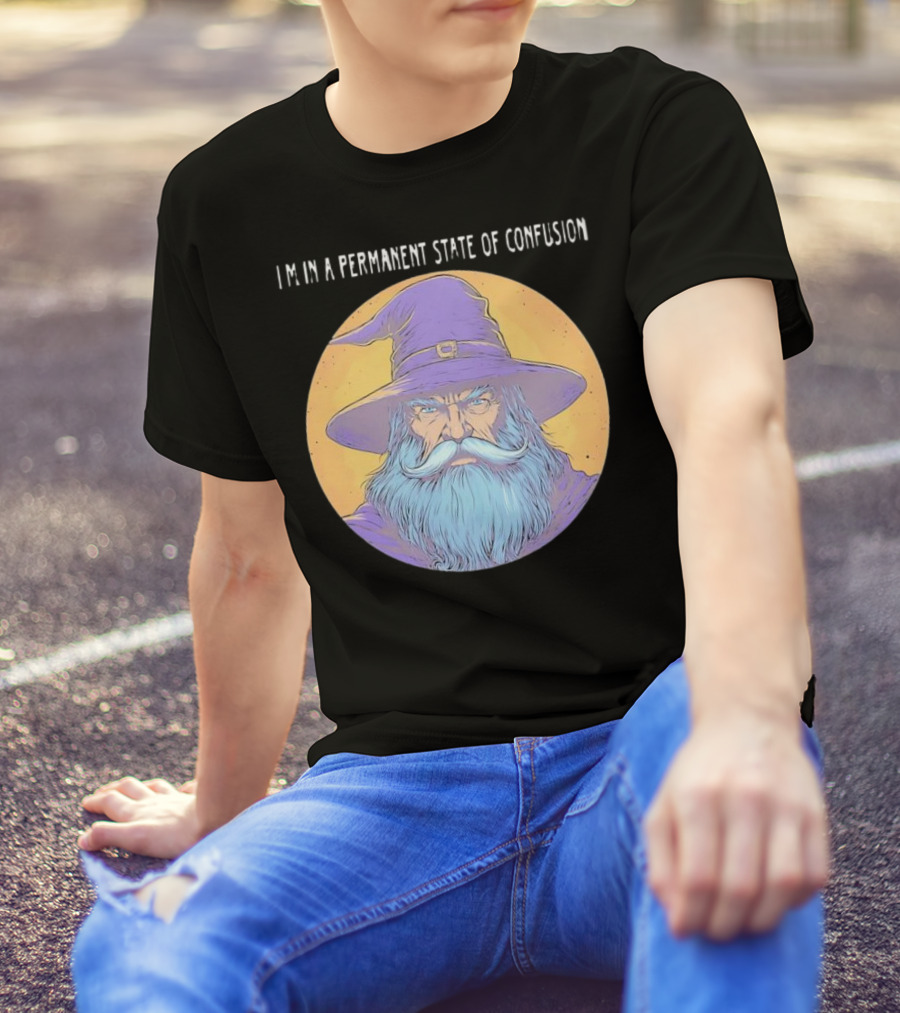 Wizard Magic I'm In A Permanent State Of Confusion Purple Hat Mystic Illustration T-Shirt
