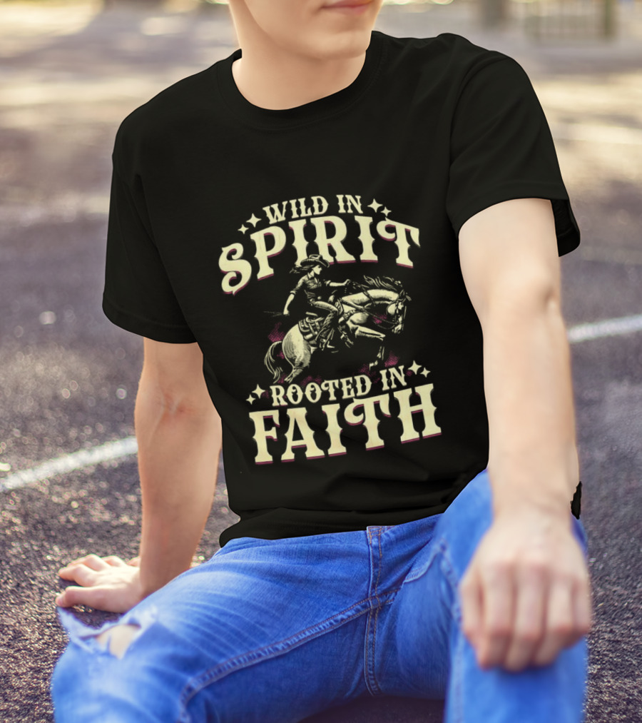 Cowgirl Wild In Spirit Rooted In Faith Equestrian Rider With Horse Western Theme T-Shirt