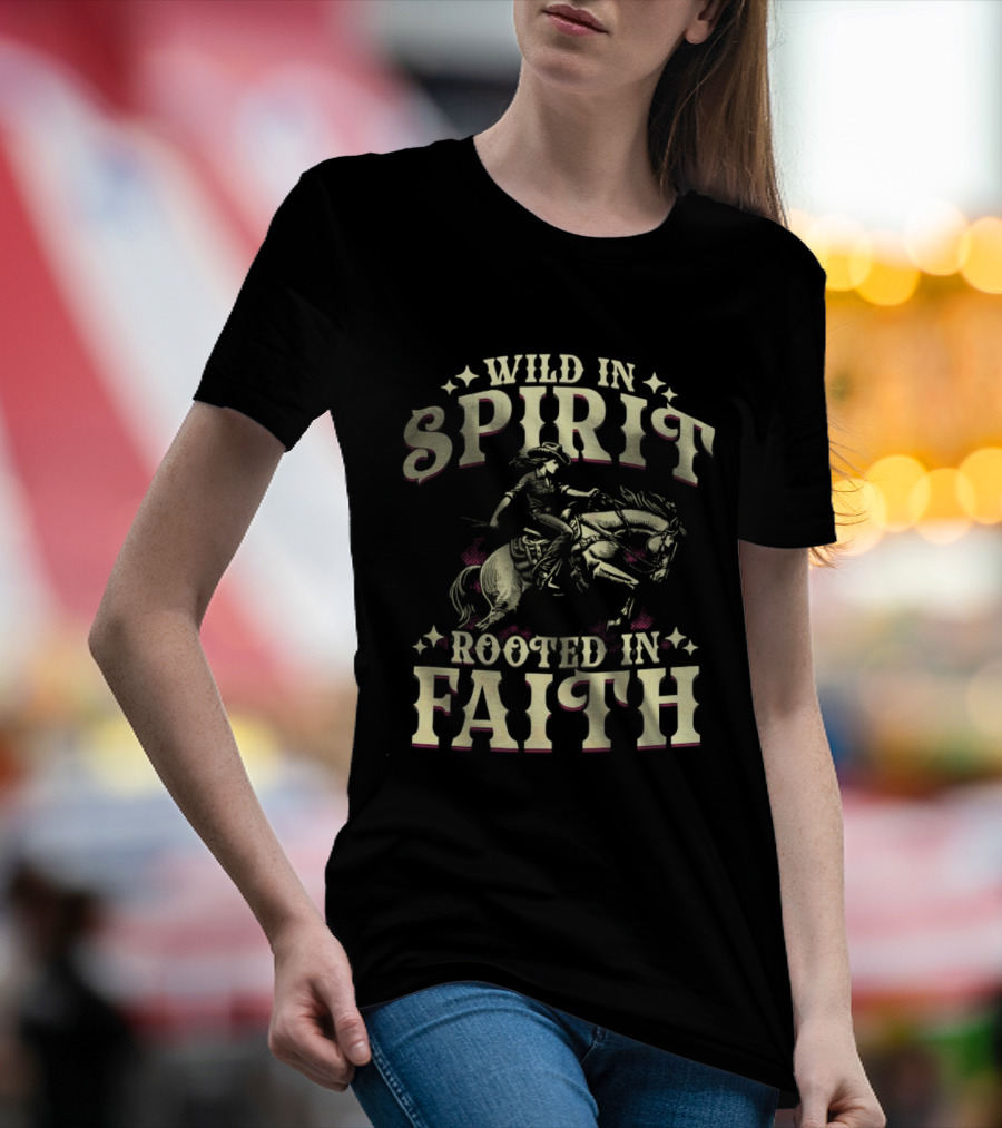 Cowgirl Wild In Spirit Rooted In Faith Equestrian Rider With Horse Western Theme T-Shirt