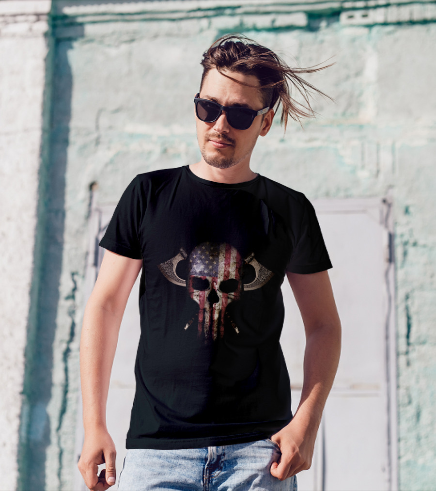 USA Flag Skull Axes T-Shirt
