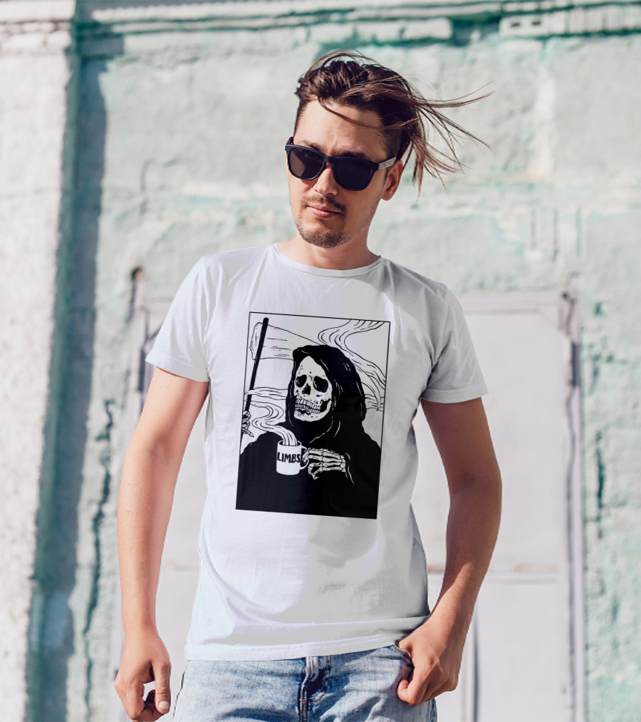 Chelsea Grin Down Right Merch Limbs Coffee Reaper Skeleton Holding Scythe And Mug T-Shirt