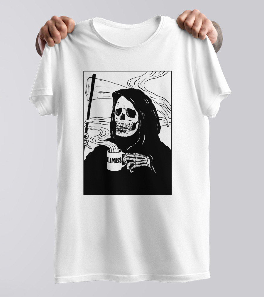 Chelsea Grin Down Right Merch Limbs Coffee Reaper Skeleton Holding Scythe And Mug T-Shirt