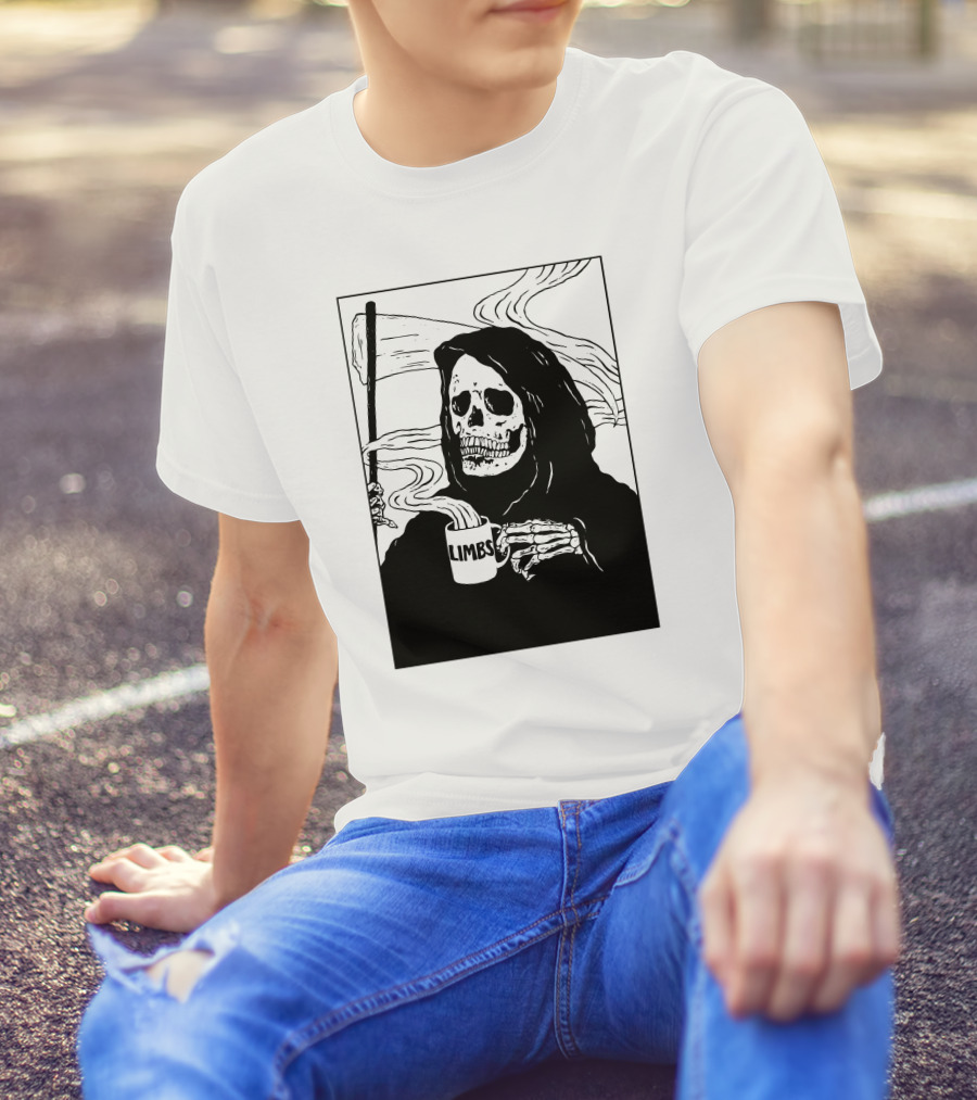 Chelsea Grin Down Right Merch Limbs Coffee Reaper Skeleton Holding Scythe And Mug T-Shirt