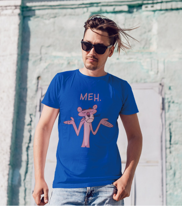Qwertee Pink Panther Meh Apathy Blue Background T-Shirt