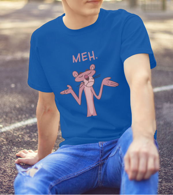 Qwertee Pink Panther Meh Apathy Blue Background T-Shirt