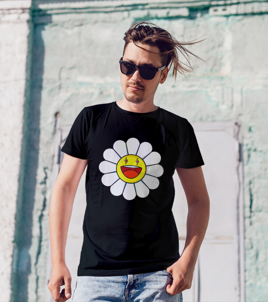 J Balvin Merch Blanco Large Flower Smiley Face With Lightning Eyes T-Shirt