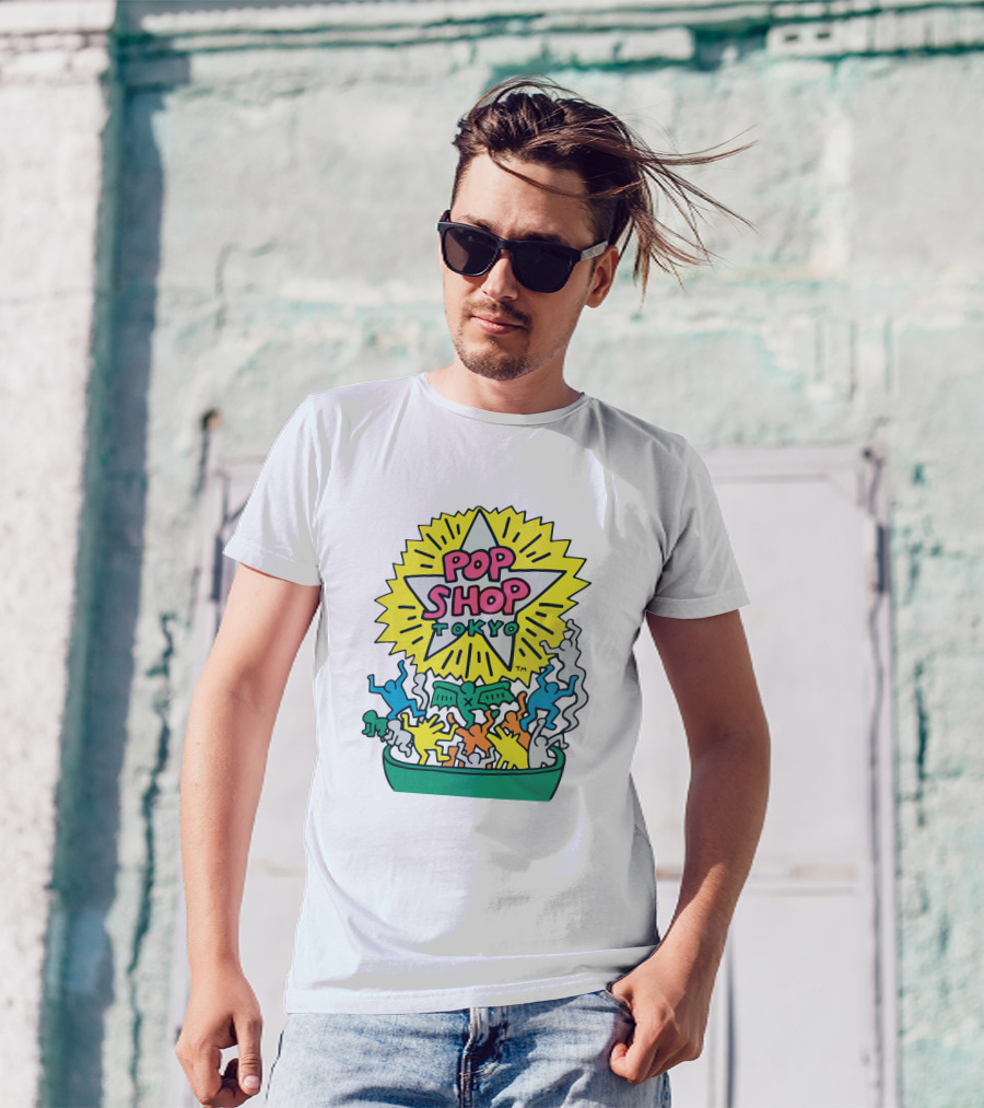 Orange Keith Haring Pop Shop Tokyo Starburst Colorful Figures T-Shirt