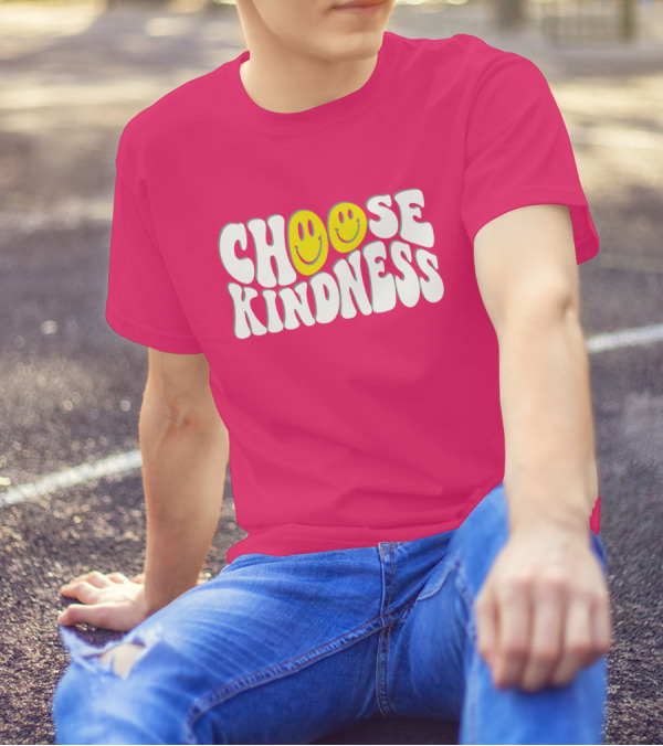 Miss Natali S Choose Kindness Smiley Face Groovy Font Pink Background T-Shirt