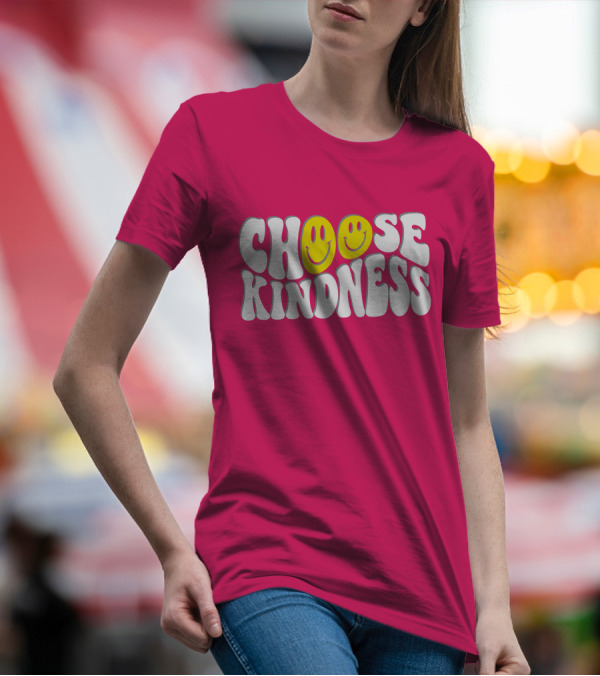 Miss Natali S Choose Kindness Smiley Face Groovy Font Pink Background T-Shirt
