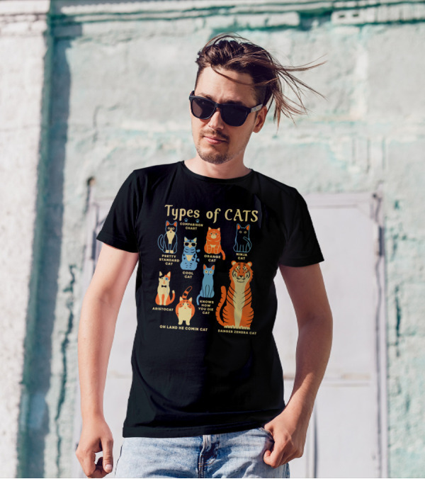 Types Of Cats Comparison Chart Pretty Standard Cat Orange Cat Ninja Cat Cool Cat Aristocat Danger Zenbra Cat Knows How You Die Cat Oh Land He Comin Cat T-Shirt