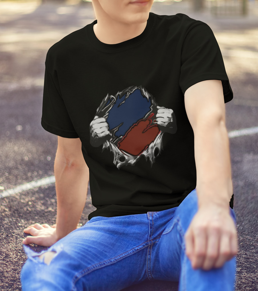 Ripping Open Dual Color Reveal Red Blue T-Shirt