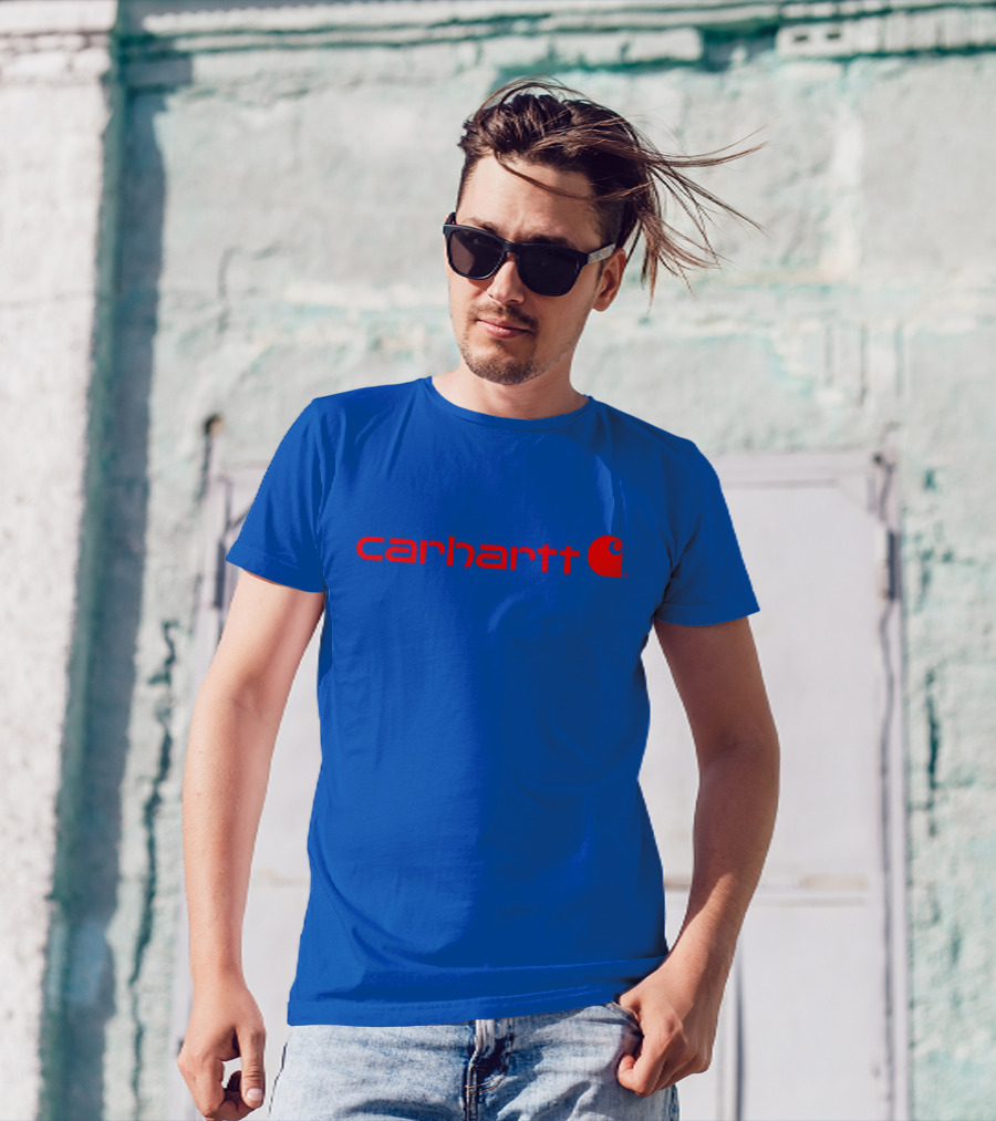 Carhartt Mens Red Logo Force Delmont Signature Blue T-Shirt