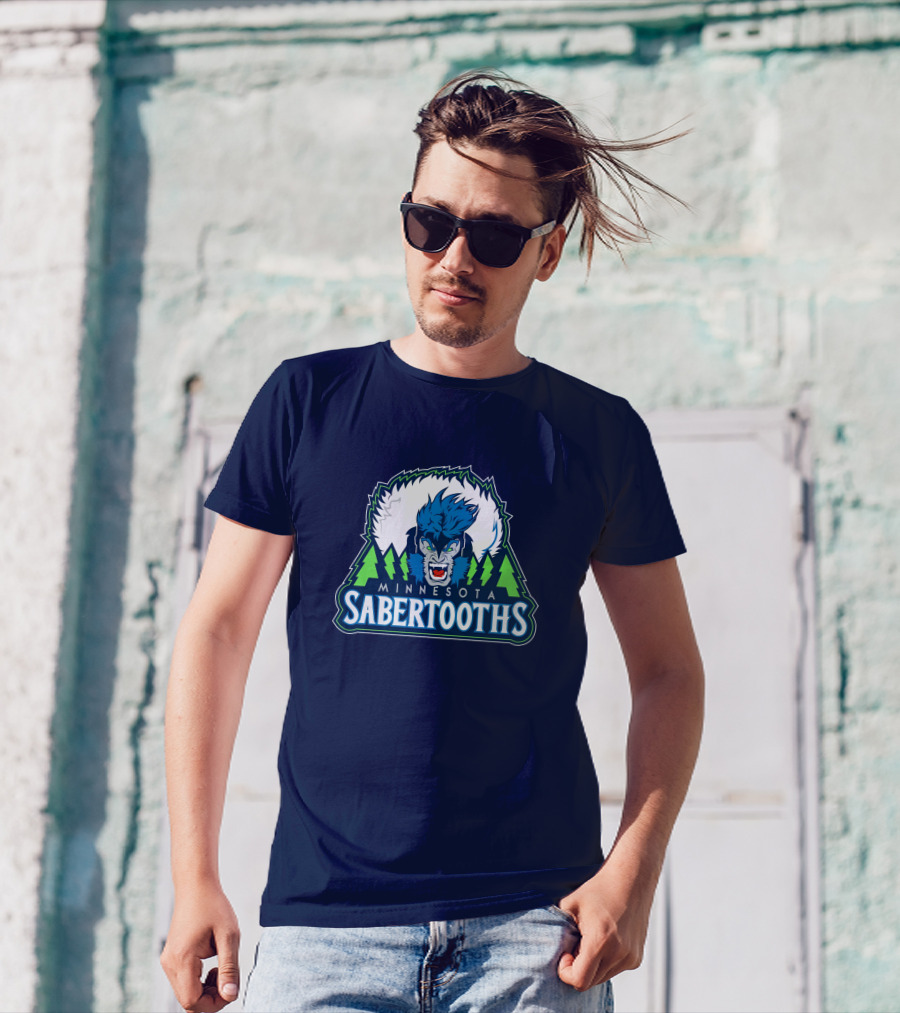 Minnesota Sabertooths NBA Logo With Blue Sabertooth And Green Pine Trees T-Shirt