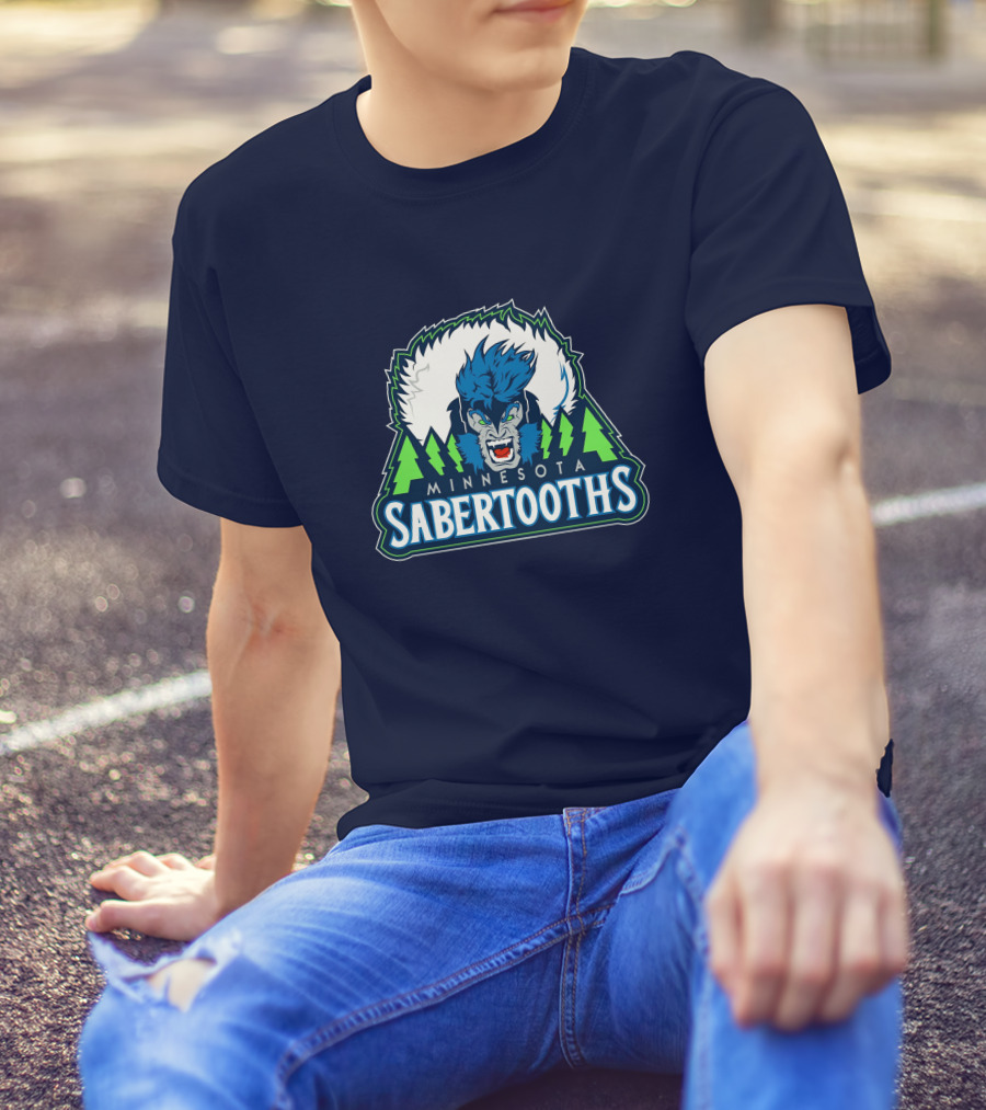 Minnesota Sabertooths NBA Logo With Blue Sabertooth And Green Pine Trees T-Shirt