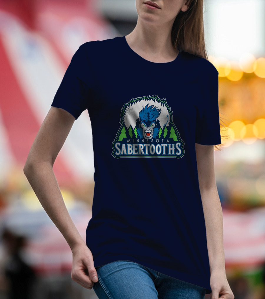 Minnesota Sabertooths NBA Logo With Blue Sabertooth And Green Pine Trees T-Shirt
