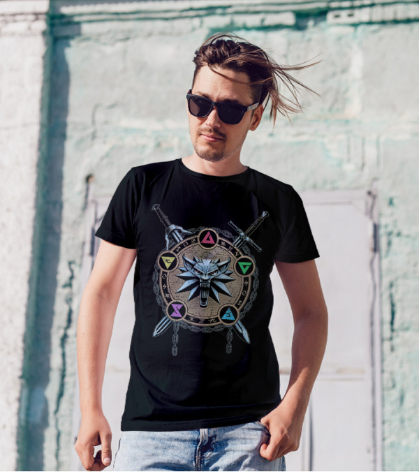 Mark Of Wolf Color Wild Hunt Witcher Medallion And Swords With Elemental Symbols T-Shirt