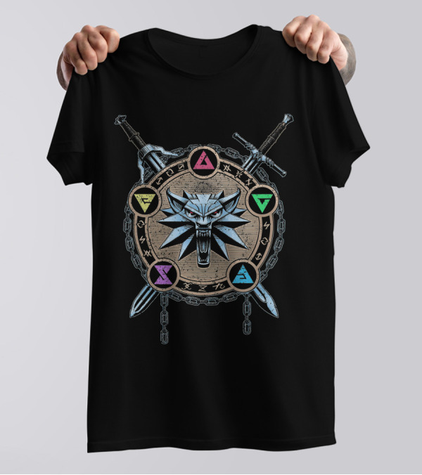 Mark Of Wolf Color Wild Hunt Witcher Medallion And Swords With Elemental Symbols T-Shirt