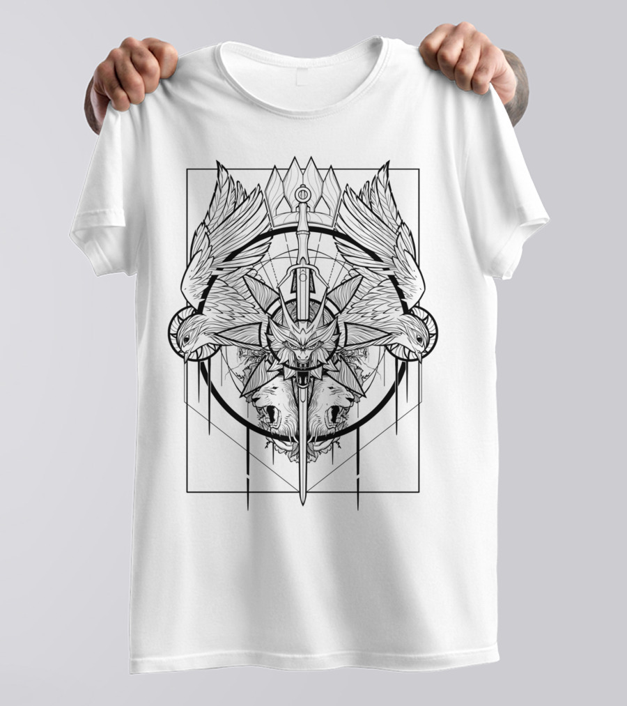 Child Of Destiny Wild Hunt Wolf Sword Medallion Raven Symbols T-Shirt
