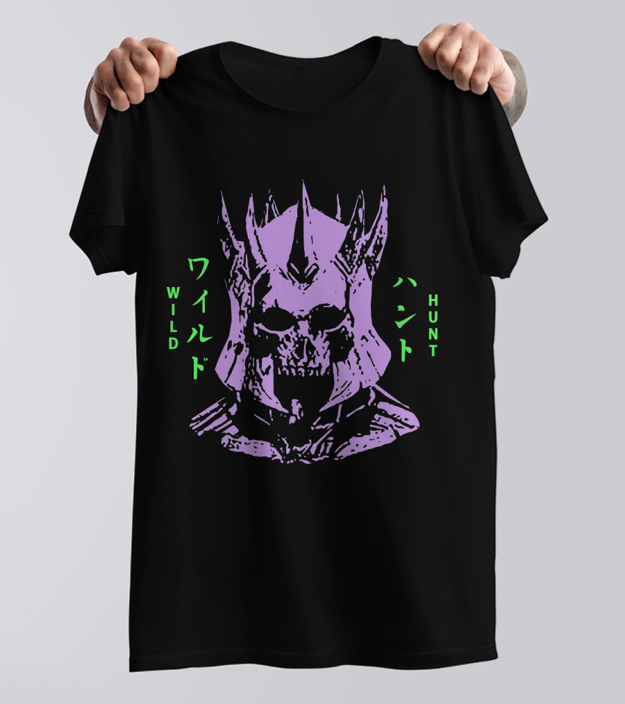 Wild Hunt 3 Skull Helmet Purple Japanese Text T-Shirt