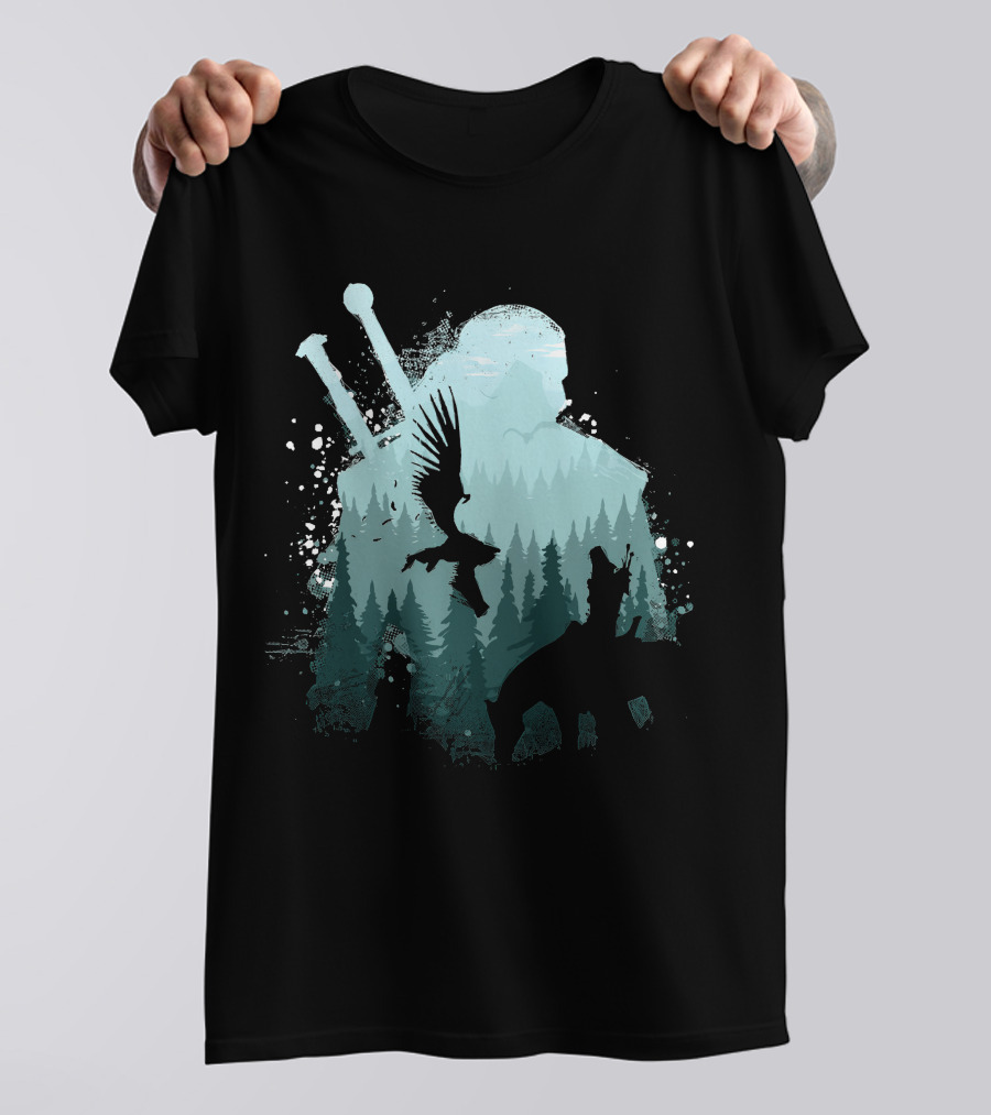 Wild Huntsman Silhouette With Swords Forest And Animals T-Shirt