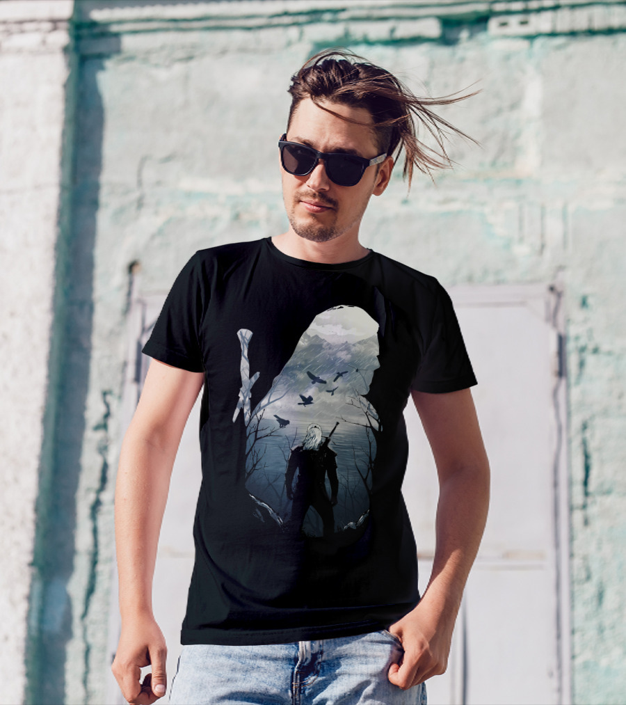 Wild Hunt Forest Geralt Silhouette With Mountains Ravens Sword T-Shirt