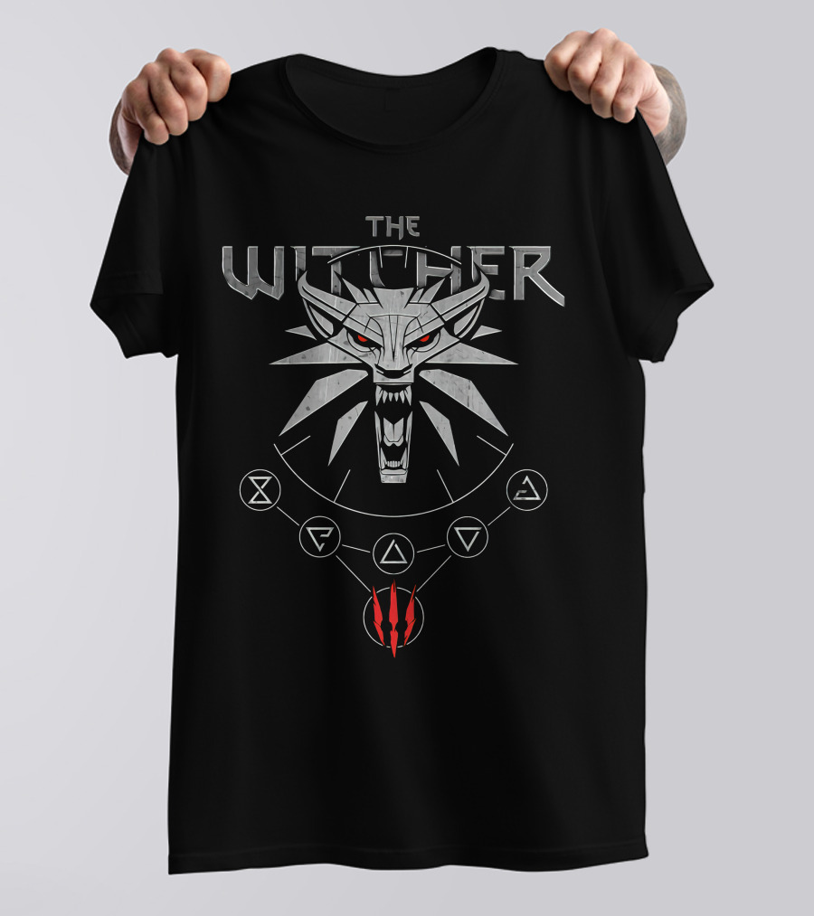 The Witcher White Wolf Wild Hunt Medallion Symbols T-Shirt