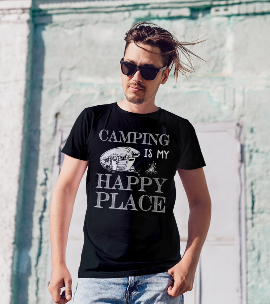Camping Is My Happy Place With RV And Campfire Scene T-Shirt