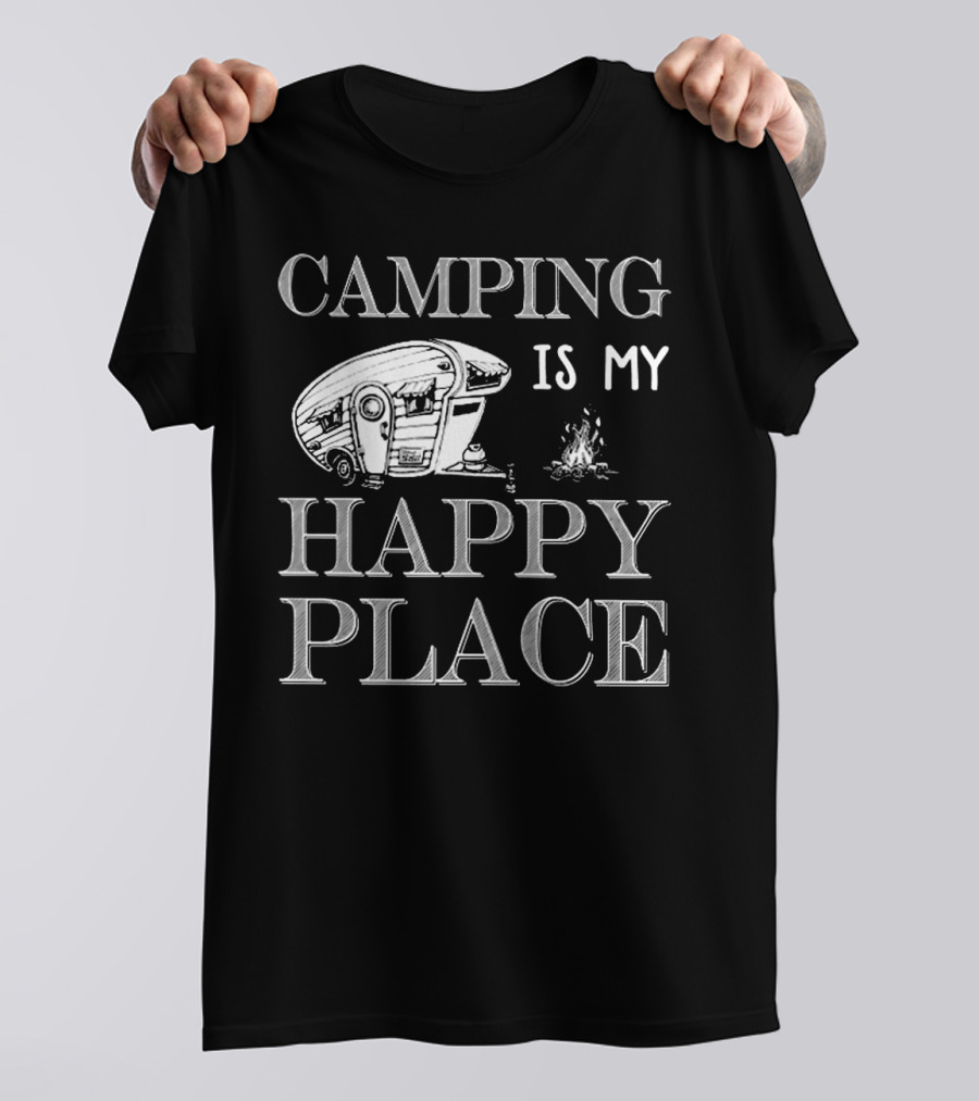 Camping Is My Happy Place With RV And Campfire Scene T-Shirt