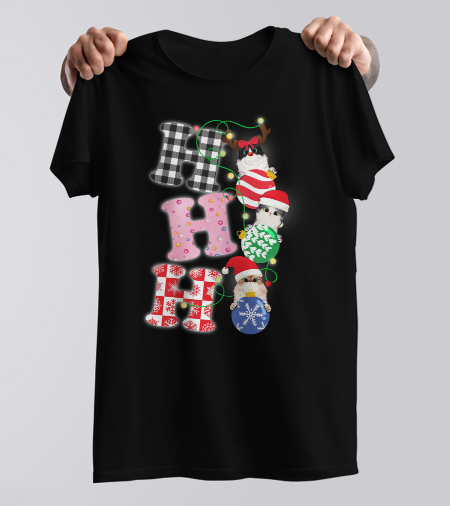 HO HO HO Christmas Cats In Holiday Hats And Ornaments T-Shirt