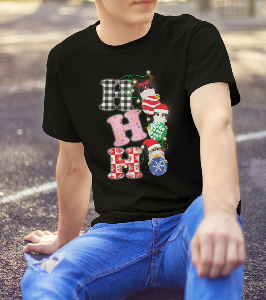 HO HO HO Christmas Cats In Holiday Hats And Ornaments T-Shirt