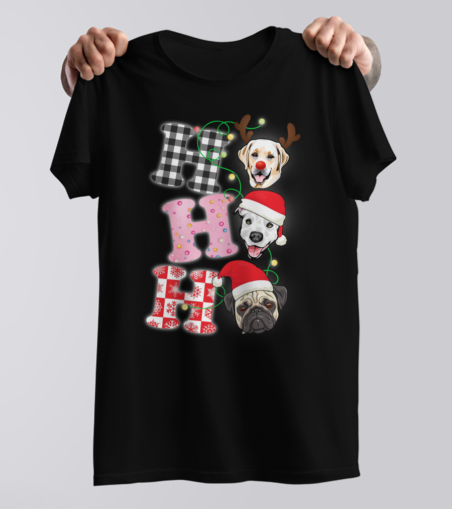HO HO HO Christmas Dogs With Santa Hats And Reindeer Antlers T-Shirt
