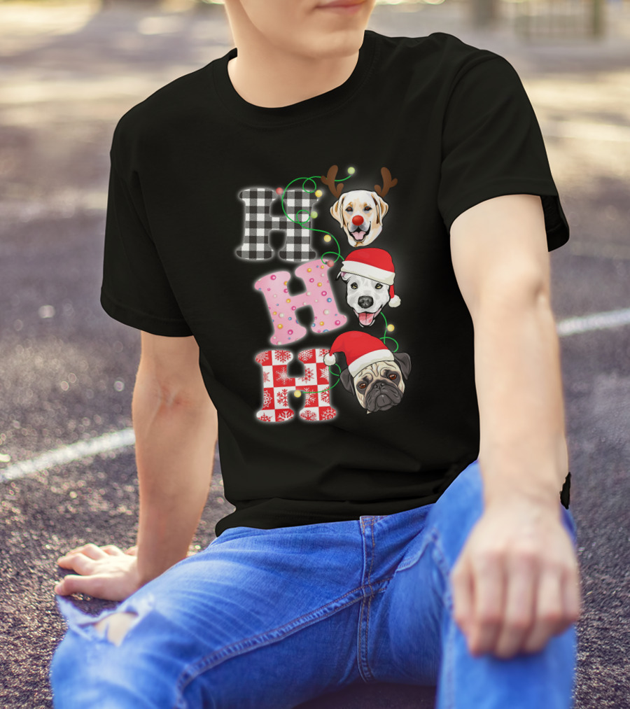 HO HO HO Christmas Dogs With Santa Hats And Reindeer Antlers T-Shirt