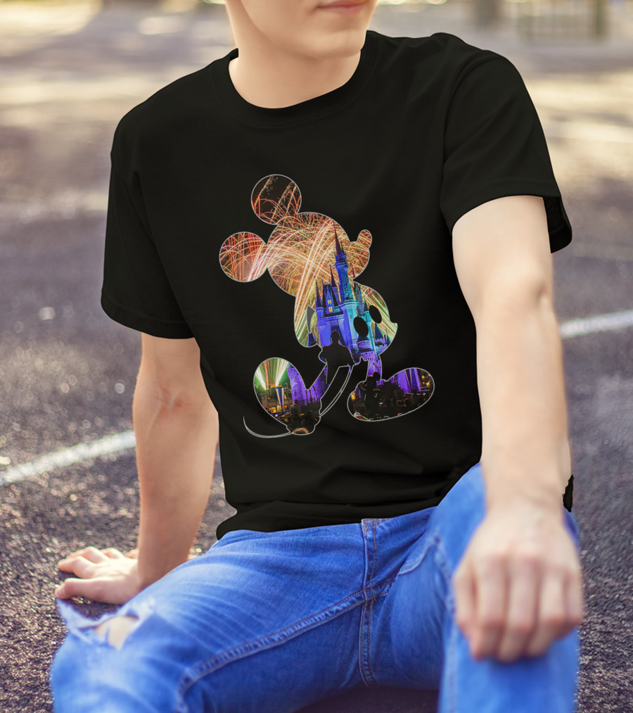 Mickey Mouse Silhouette Fireworks Castle Disney T-Shirt