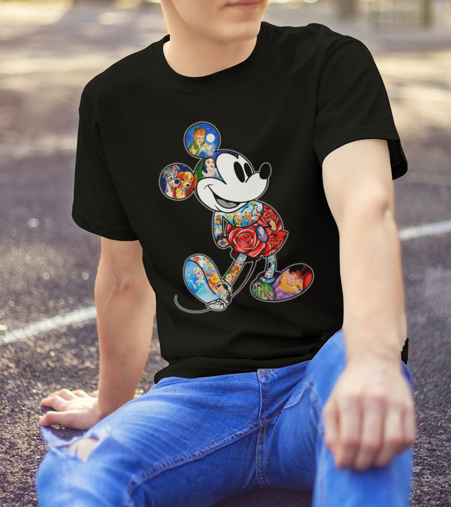 Mickey Mouse Collage Featuring Classic Disney Characters T-Shirt