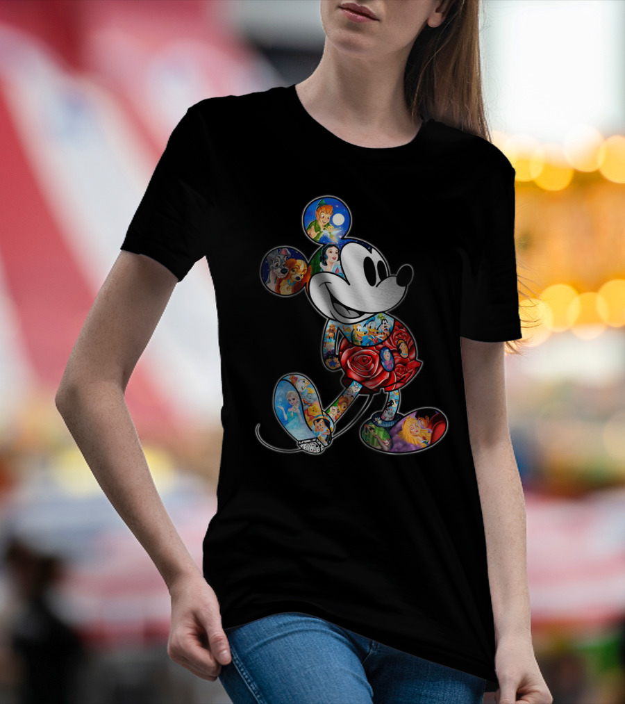 Mickey Mouse Collage Featuring Classic Disney Characters T-Shirt