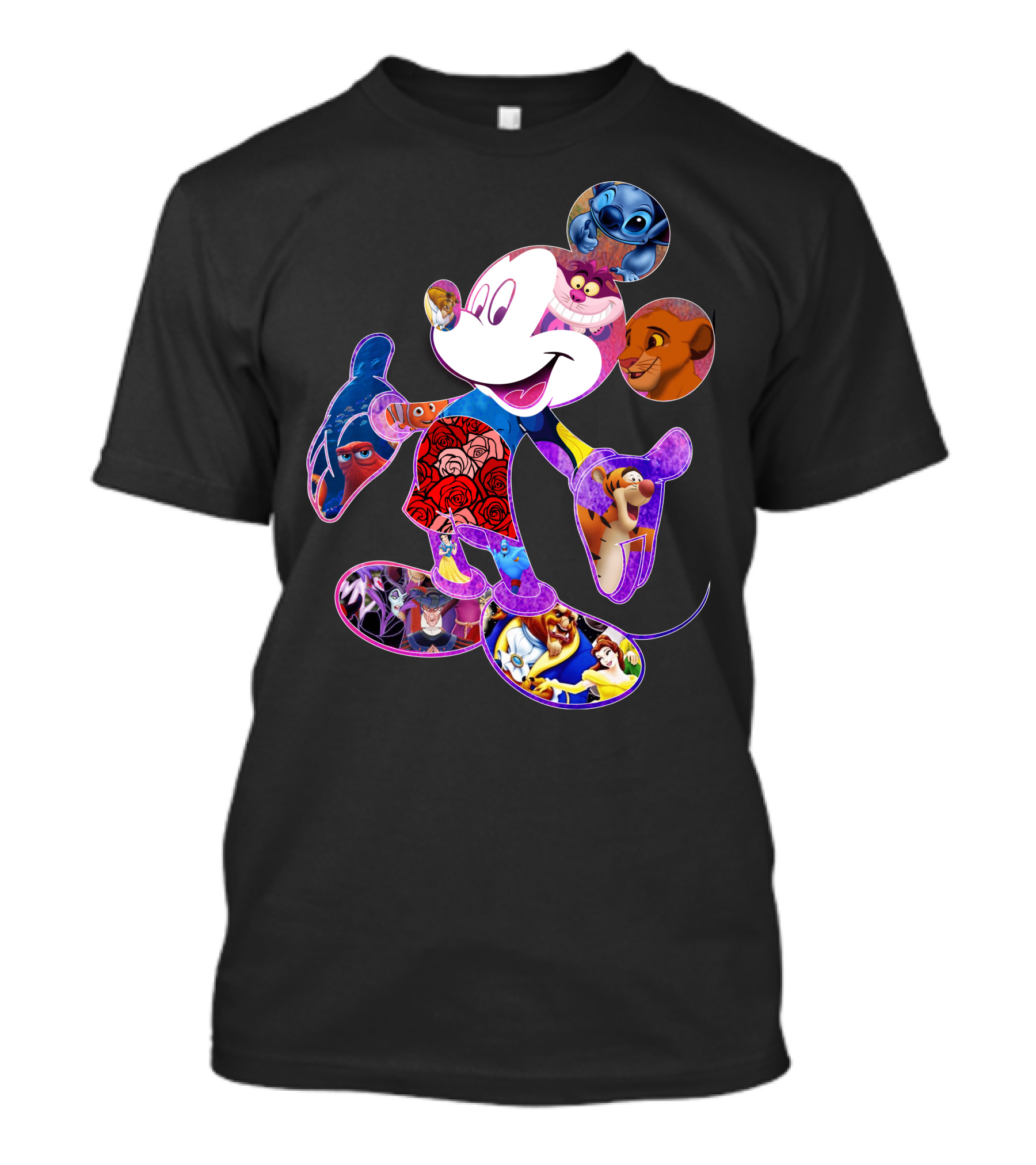 Mickey Mouse Collage Featuring Disney Characters From Lilo & Stitch The Lion King Finding Nemo Winnie The Pooh The Little Mermaid Beauty And The Beast T-Shirt