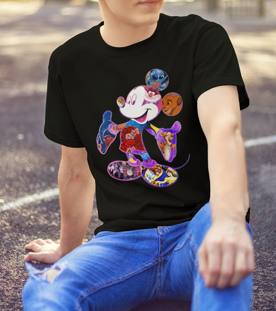 Mickey Mouse Collage Featuring Disney Characters From Lilo & Stitch The Lion King Finding Nemo Winnie The Pooh The Little Mermaid Beauty And The Beast T-Shirt