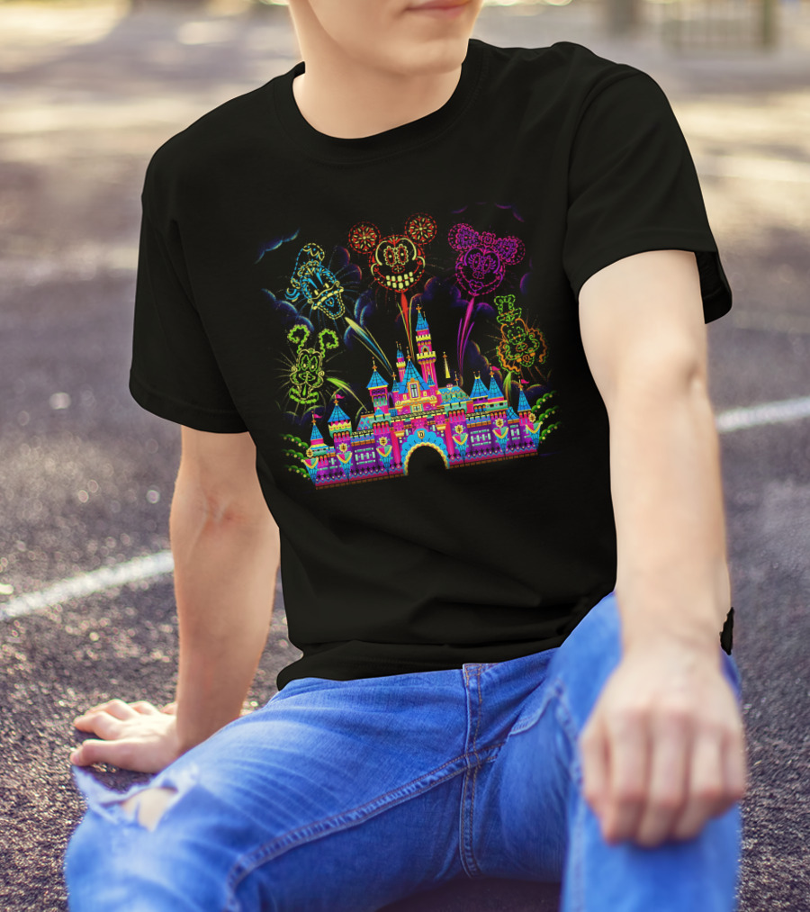 Disney Neon Fireworks Castle Mickey Minnie Goofy T-Shirt