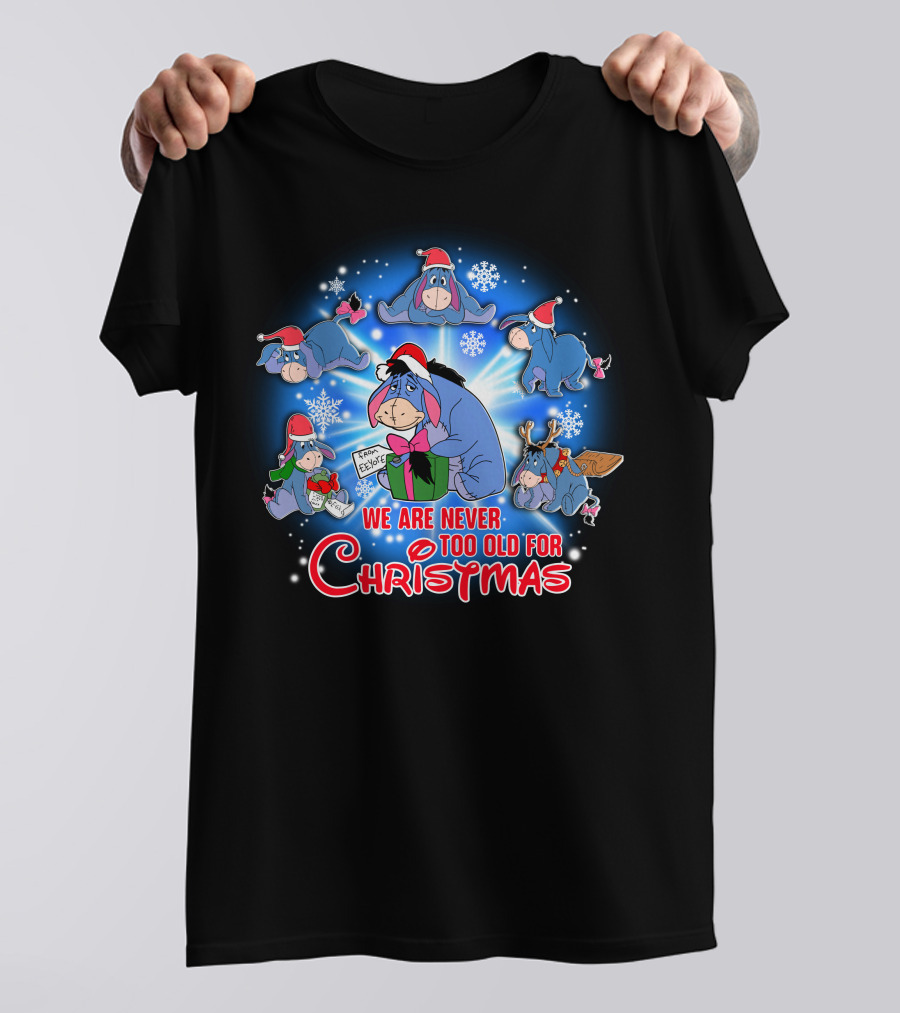 We Are Never Too Old For Christmas Eeyore Santa Hat Snowflakes T-Shirt