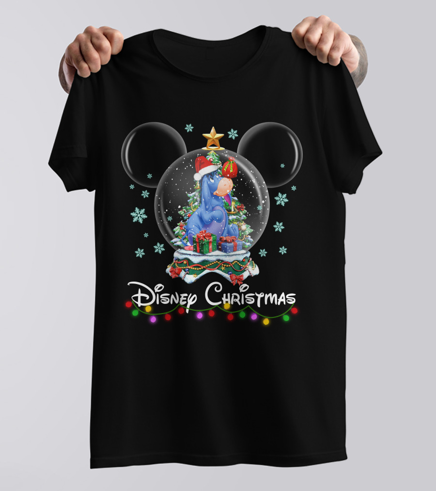 Disney Christmas Eeyore Snow Globe Mickey Ears Santa Hat T-Shirt