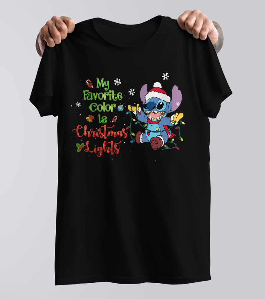 My Favorite Color Is Christmas Lights Stitch Holiday Lights Snowflakes Santa Hat T-Shirt