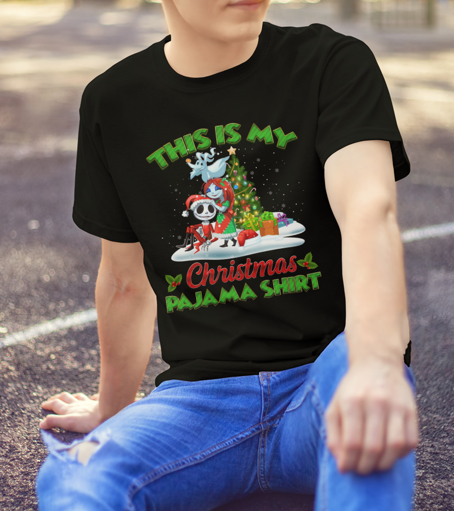 This Is My Christmas Pajama Shirt Jack Skellington And Sally Holiday Tree Scene T-Shirt