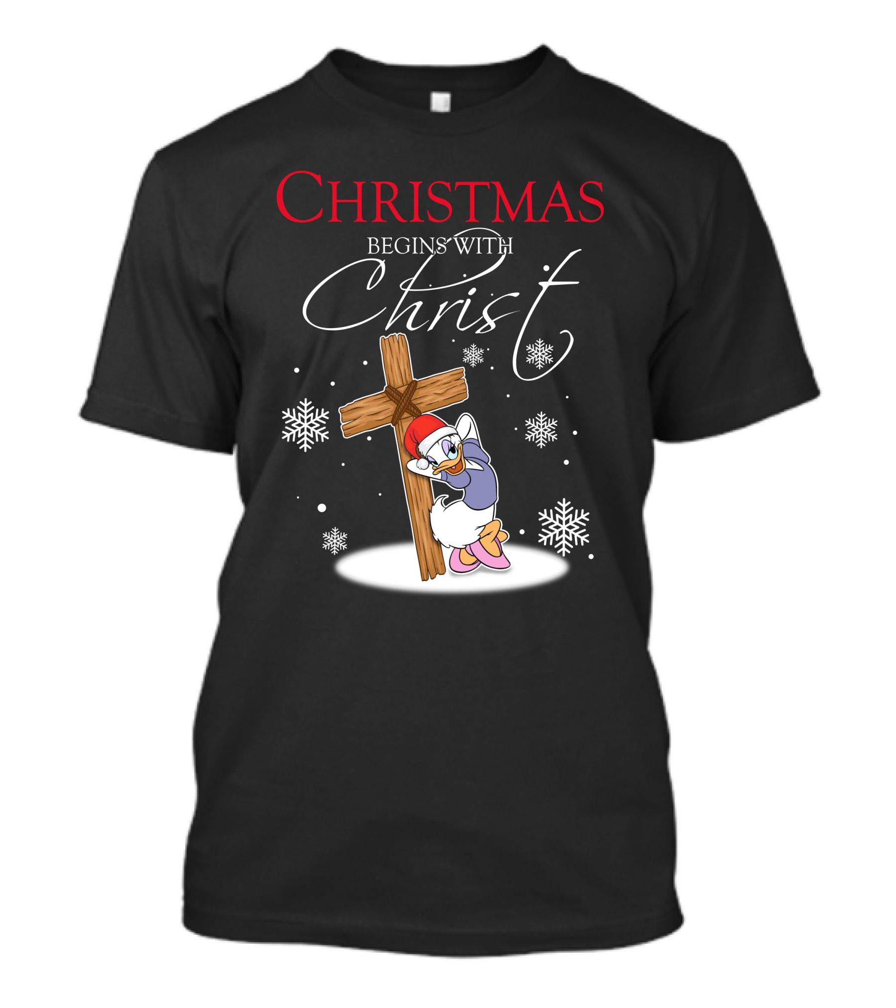 Christmas Begins With Christ Daisy With Cross And Snowflakes T-Shirt