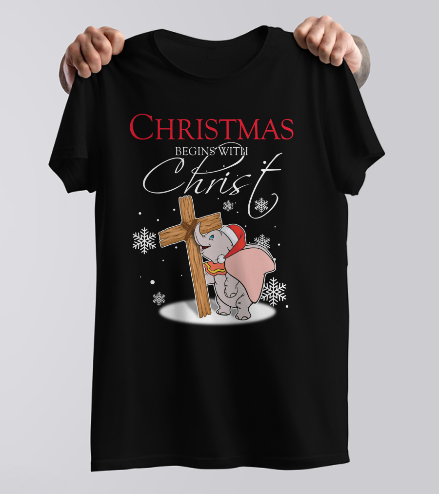 Christmas Begins With Christ Dumbo Santa Hat Cross Snowflakes T-Shirt
