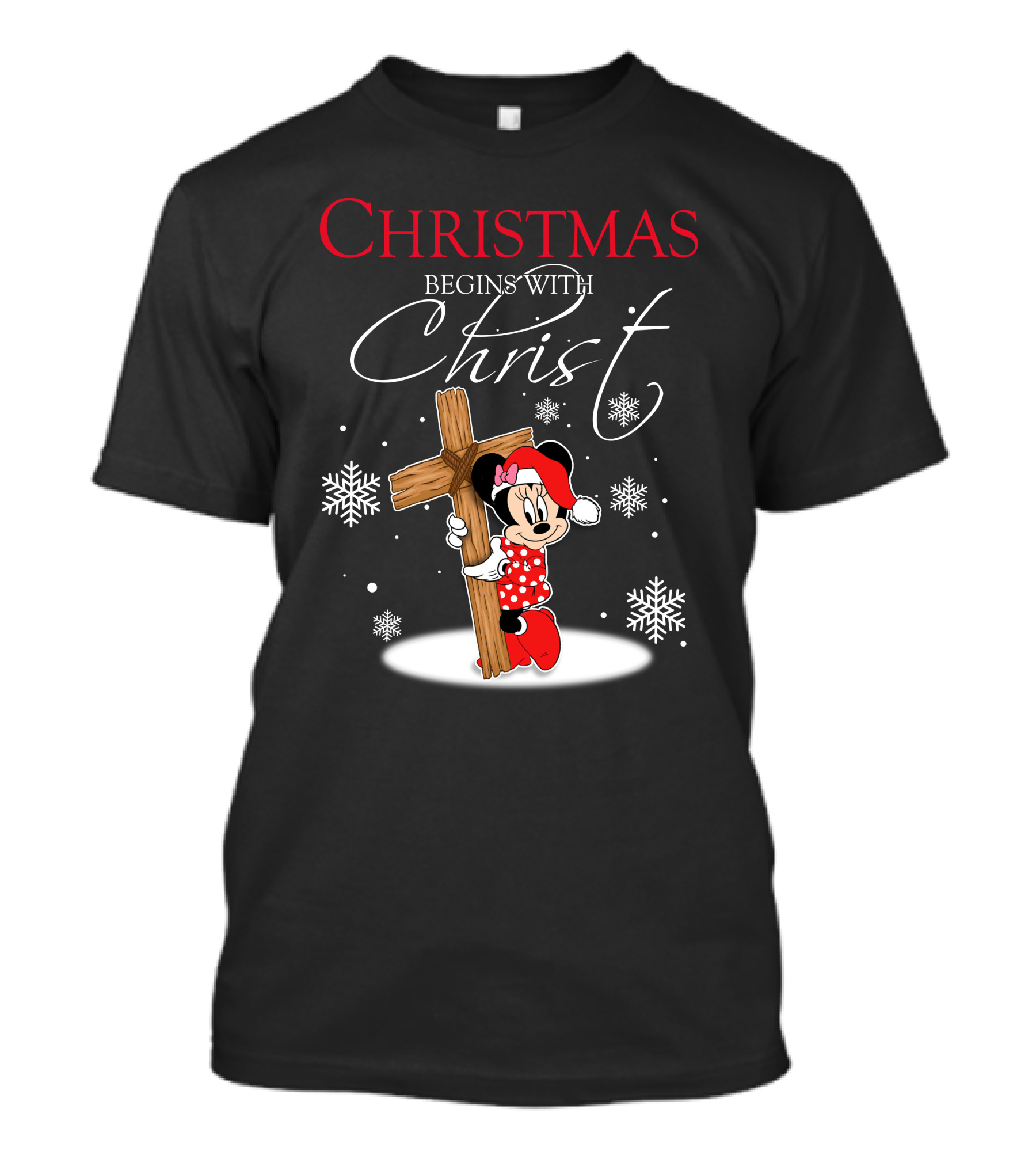 Christmas Begins With Christ Minnie Santa Hat Snowflakes T-Shirt