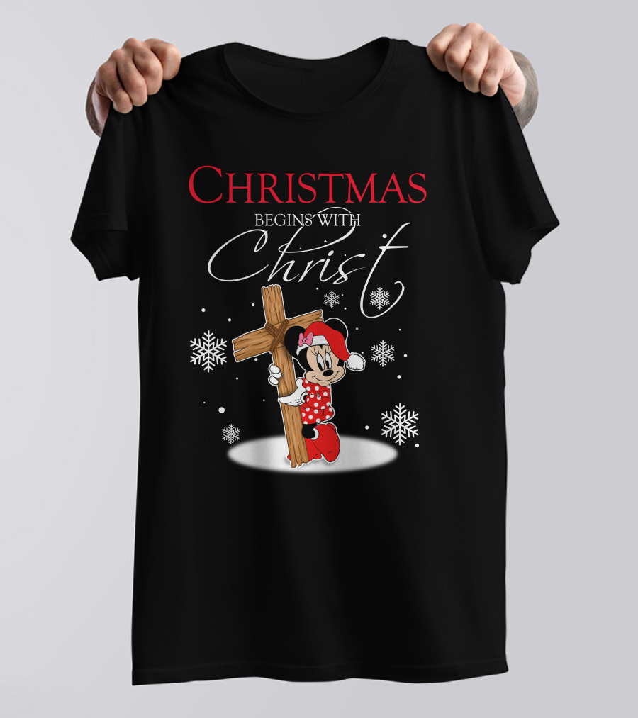 Christmas Begins With Christ Minnie Santa Hat Snowflakes T-Shirt
