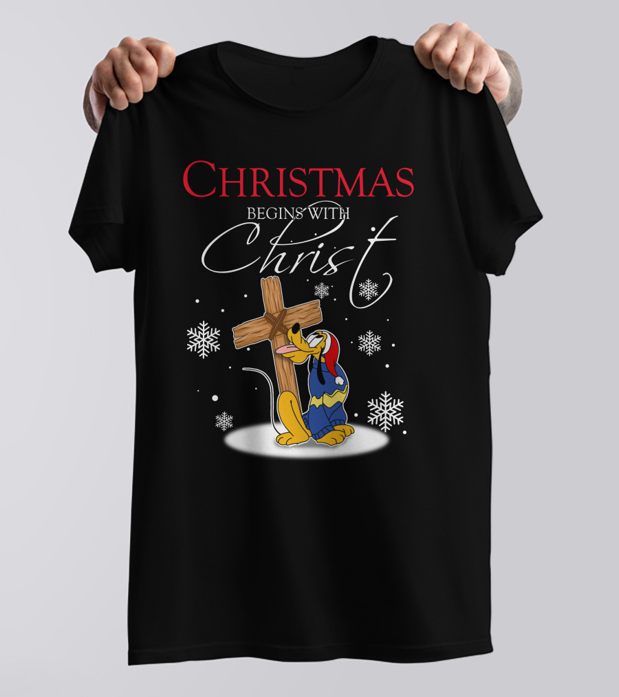 Christmas Begins With Christ Pluto Snowflakes Cross T-Shirt
