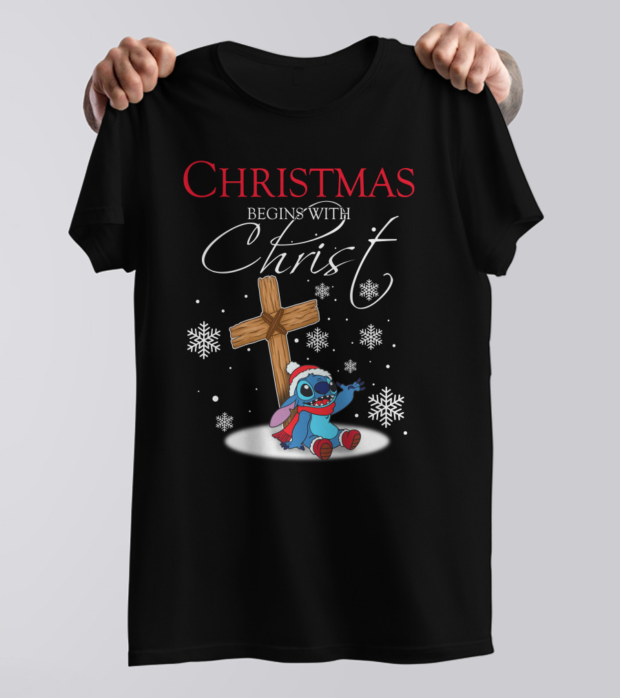 Christmas Begins With Christ Stitch Snowflakes T-Shirt