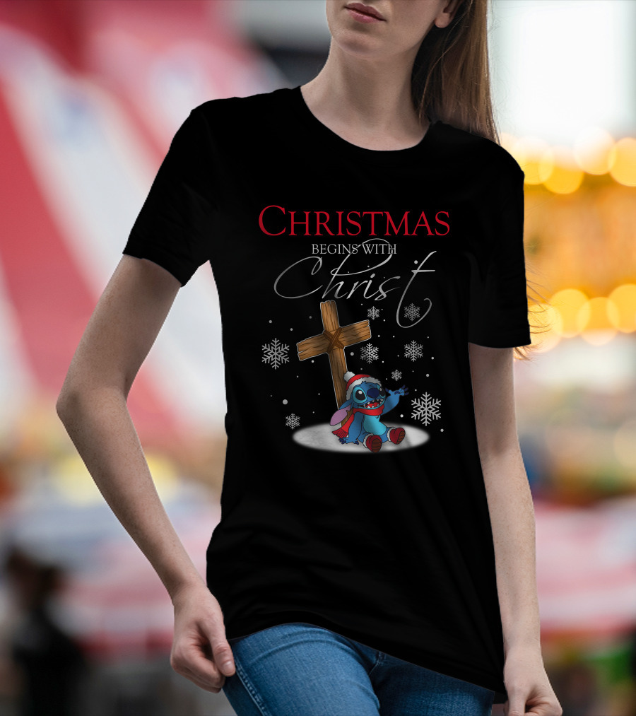 Christmas Begins With Christ Stitch Snowflakes T-Shirt