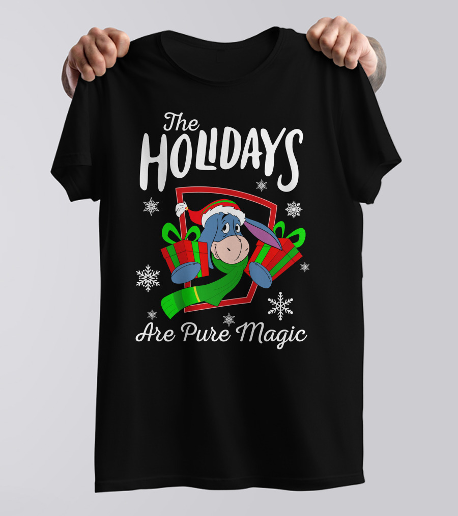 The Holidays Are Pure Magic Eeyore Wearing Santa Hat And Scarf Snowflakes And Presents T-Shirt